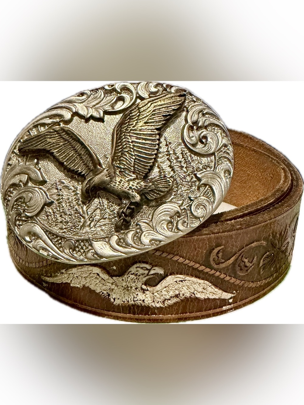 Western leather belt with eagle buckle